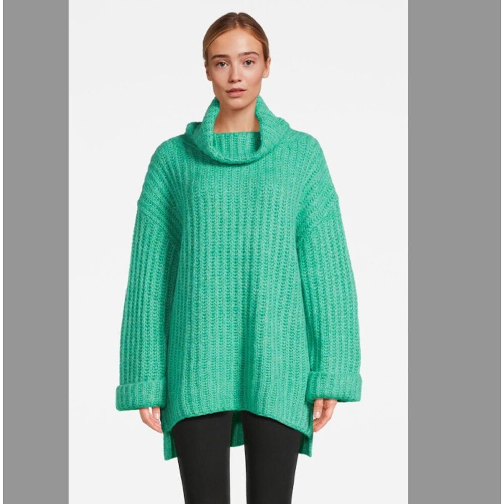 Pinko Chunky Knit Tunic Sweater Wool Mohair Women's M Green Oversized Turtleneck